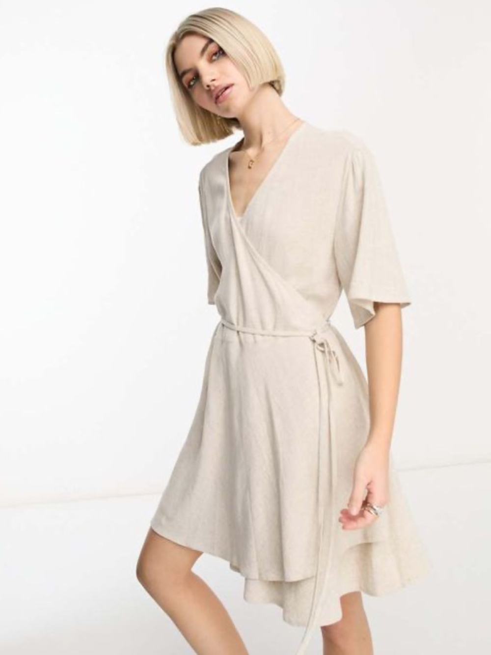 WEEKDAY LINEN MIX MINI WRAP DRESS